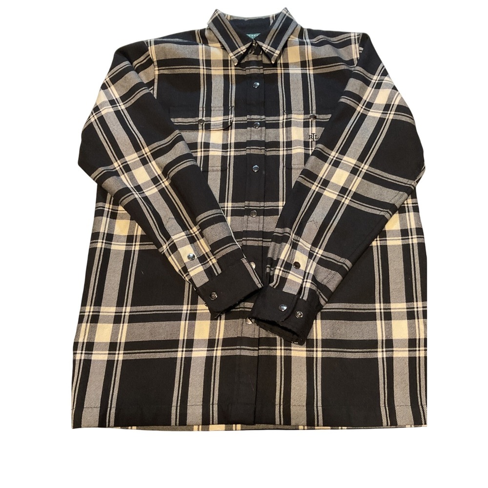 Lauren Ralph‎ Lauren Petite Plaid Wool Blend Button Up Shirt Black Cream Tan P/M